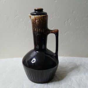 Brown Pottery Pitcher Carafe w Lid Speckled Drip Glaze Monmouth Pottery Co USA